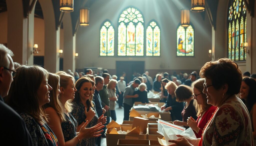 A radiant sanctuary where parishioners gather, their faces aglow with devotion. In the foreground, a group of smiling congregants engaged in lively discussion, hands clasped in fellowship. The middle ground reveals a scene of community service, volunteers sorting donations, preparing meals for the less fortunate. In the background, the stained-glass windows cast a warm, golden light, illuminating the space with a sense of timeless spirituality. The atmosphere is one of unity, compassion, and a shared commitment to making a positive impact on the world.