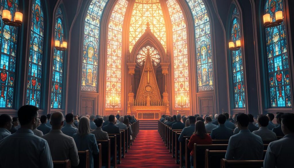A radiant virtual chapel, its digital walls adorned with stained glass windows that cast a warm, ethereal glow. In the foreground, a group of worshippers gathered in solemn prayer, their faces illuminated by the soft light. The middle ground features rows of virtual pews, each one occupied by a person lost in contemplation. In the background, a majestic altar stands tall, its ornate details and flickering candles creating an atmosphere of reverence and devotion. The scene is bathed in a serene, contemplative mood, capturing the essence of a vibrant, connected spiritual community.