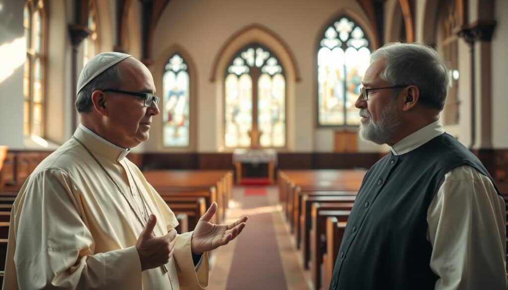 A respectful dialogue between a Catholic priest and a Protestant minister, set in a sun-dappled church interior. The foreground features the two figures, their expressions earnest yet calm, gesturing in thoughtful discussion. The middle ground showcases stained glass windows casting a warm, reverent glow. In the background, rows of oak pews and an ornate altar suggest a sacred, historic space. Soft natural lighting and a muted color palette evoke a sense of contemplation and mutual understanding. The overall scene conveys the essence of Catholic-Protestant dialogue - a thoughtful exchange within a revered religious setting.
