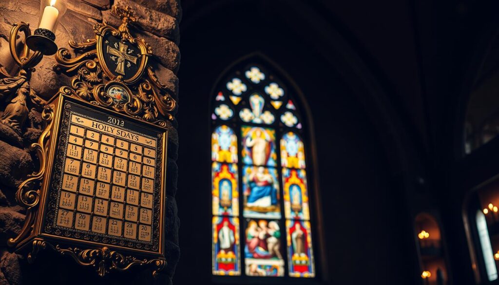 A richly detailed, ornately decorated Catholic holy days calendar hanging on a stone wall, illuminated by warm candlelight. In the foreground, the calendar is embellished with intricate religious imagery, gold filigree, and the names of major feast days and saints. The middle ground features a stained glass window depicting a biblical scene, casting colorful light across the scene. In the background, a vaulted cathedral ceiling with shadowy alcoves creates a contemplative, reverent atmosphere. The lighting is soft and chiaroscuro, evoking the sacred, timeless nature of Catholic traditions and practices.