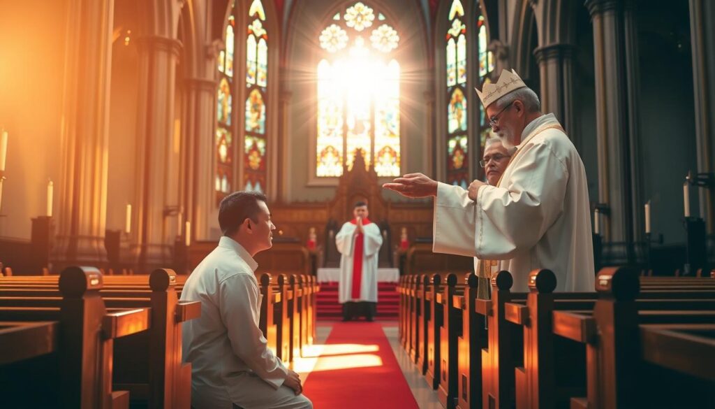 A serene Catholic cathedral, its stained glass windows casting a warm, ethereal light. In the foreground, a penitent kneels before a priest, their faces expressing the solemnity of confession. The middle ground reveals a halo of divine grace emanating from the priest's outstretched hand, illuminating the penitent's countenance with a sense of absolution. The background depicts a peaceful, contemplative atmosphere, with rows of empty wooden pews and the flickering glow of votive candles, conveying the profound impact of the sacrament of reconciliation.