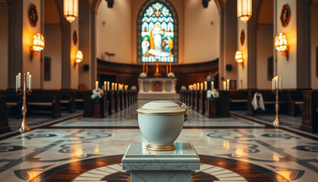 A serene Catholic chapel interior, with warm lighting casting a soft glow on the polished marble floor and ornate wooden pews. In the foreground, a simple yet elegant cremation urn rests on a pedestal, flanked by flickering candles and delicate floral arrangements. The middle ground features a stained glass window depicting a heavenly scene, while the background showcases an altar adorned with religious iconography. The overall atmosphere conveys a sense of reverence, reflection, and the sacred rituals surrounding the modern Catholic approach to cremation.