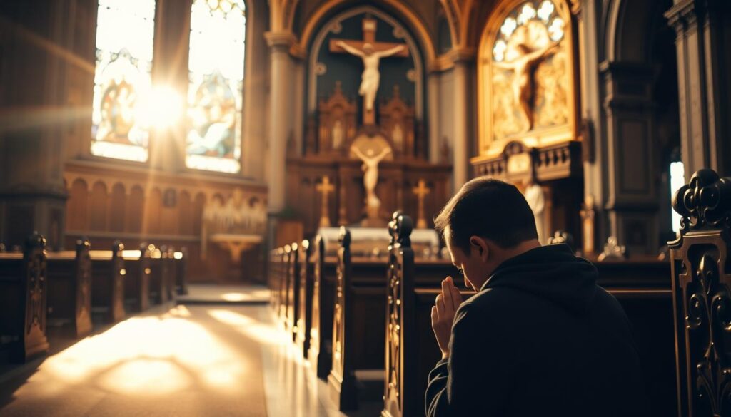 A serene Catholic church interior, bathed in warm, golden light filtering through stained glass windows. In the foreground, a kneeling figure in prayer, their face reflecting a sense of profound devotion and spiritual connection. The middle ground features ornate wooden pews, intricately carved altars, and religious iconography that evoke the rich traditions of the faith. The background showcases a majestic altar and a towering crucifix, conveying the grandeur and reverence of the Catholic spiritual journey. Shallow depth of field creates a sense of focus and intimacy, drawing the viewer into the contemplative atmosphere.