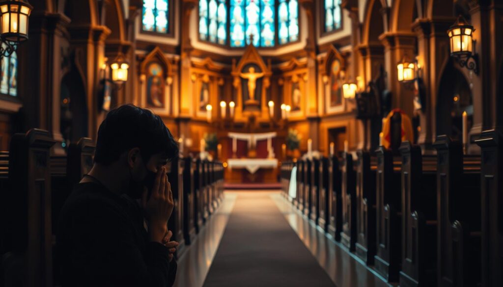 A serene Catholic church interior, dimly lit by soft, warm lighting that casts a reverent glow. In the foreground, a person kneels in prayer, their hands clasped, head bowed in solemn contemplation. The middle ground features wooden pews, ornate stained-glass windows, and intricate architectural details that evoke a sense of history and tradition. The background depicts an altar adorned with religious symbols, candles flickering, and a sense of tranquility and spiritual awakening pervading the space. The overall atmosphere is one of introspection, devotion, and the embrace of a new faith.