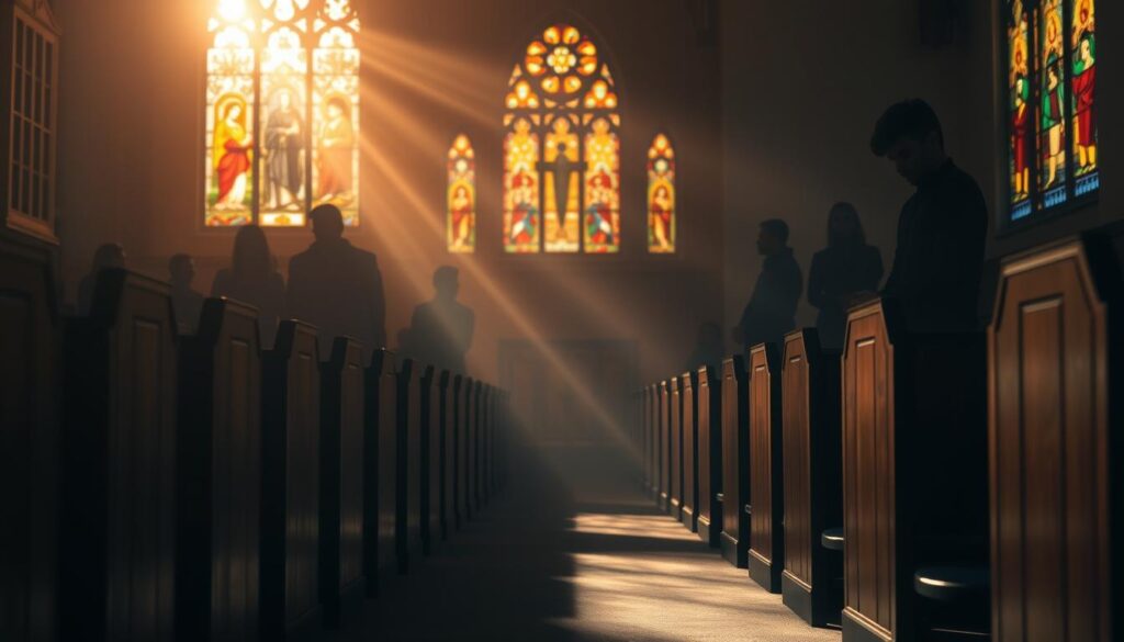 A serene Catholic church interior, the stained glass windows casting warm hues across the pews. In the foreground, a contemplative figure kneels, wrestling with internal conflict. Rays of light from above illuminate their pensive expression, as they grapple with doctrinal challenges that test their newfound faith. The middle ground shows shadowy, ambiguous figures - representing the weight of tradition and uncertainty. The background recedes into a hazy, dreamlike quality, conveying the mystical, ethereal nature of the spiritual journey. A sense of reverence and introspection permeates the scene, captured through soft, muted tones and a sense of chiaroscuro lighting.