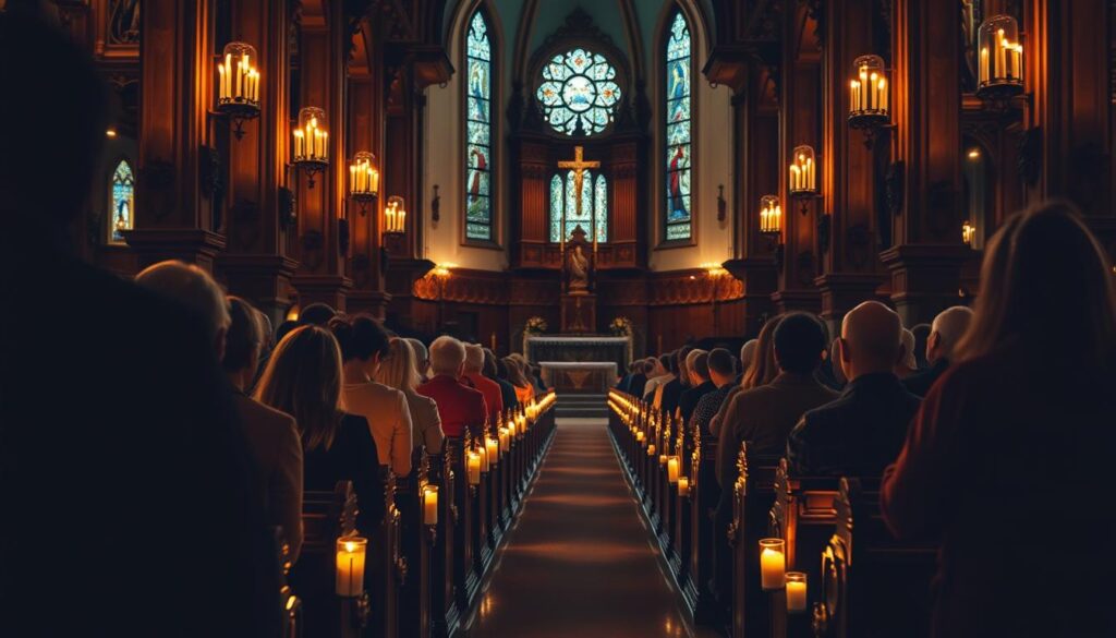 A serene Catholic church interior, warm candlelight flickering over intricate wood carvings and stained glass windows. Kneeling parishioners lost in contemplative prayer, their faces illuminated by the glow of votive candles. Ornate pews and marble floors stretch towards the towering altar, draped in rich fabrics. Soft ambient lighting casts gentle shadows, creating an atmosphere of profound reverence and spiritual tranquility. A reverent visual representation of the daily prayer traditions deeply rooted in Catholic faith and practice.