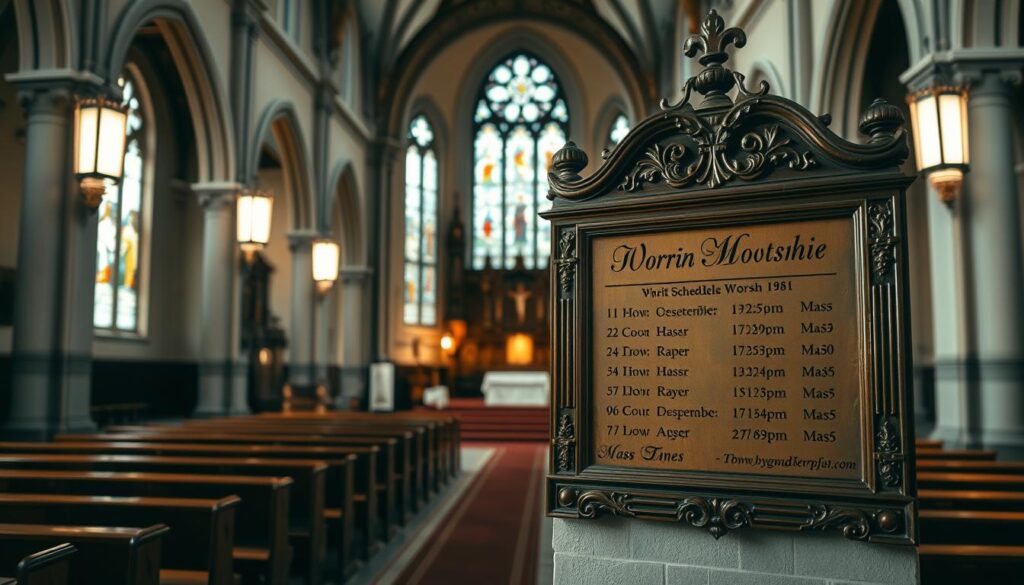 A serene Catholic church interior, with ornate altars, stained glass windows, and pews arranged in neat rows. Soft, warm lighting illuminates the space, creating a reverent atmosphere. In the foreground, a large, wooden plaque displays the worship schedule and mass times, its elegant script and intricate carvings reflecting the church's timeless beauty. The overall composition conveys a sense of spiritual tranquility and invites the viewer to immerse themselves in the rhythms of the faithful's devotional practices.