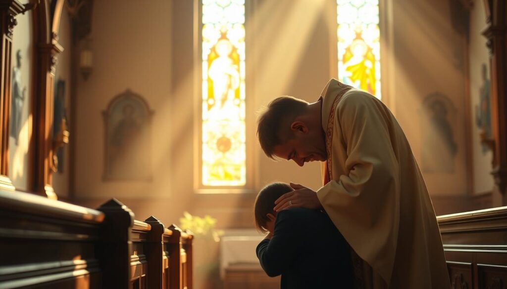 A serene Catholic confessional with a warm, soft-lit interior. In the foreground, a penitent kneels before a priest, head bowed in contrition. The priest, garbed in traditional vestments, leans forward with a compassionate expression, offering words of absolution and guidance. Sunlight filters through stained glass windows, casting a reverent glow on the scene. The background is a hushed, meditative space, with ornate wooden pews and religious iconography lining the walls, conveying a sense of sacred restoration and healing.