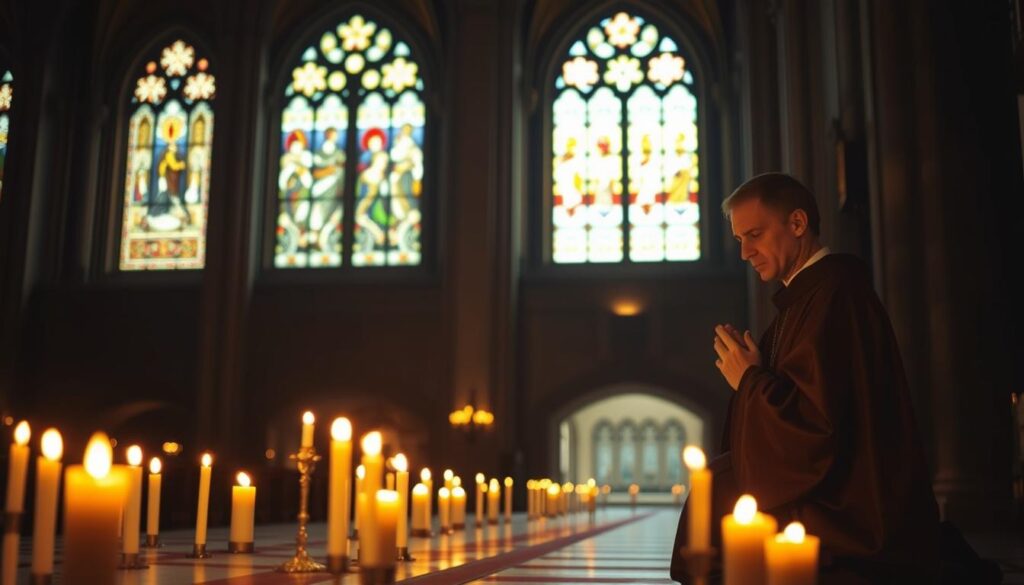 A serene Catholic contemplation scene set in a dimly lit, ornate cathedral interior. In the foreground, a robed figure kneels in deep prayer, illuminated by the soft glow of candles. In the middle ground, stained glass windows cast colorful patterns of light, creating a sense of tranquility. The background features towering stone columns and ornate architectural details, suggesting a sacred, reverent atmosphere. The lighting is warm and atmospheric, with strategic highlights on the figure's face and hands. The composition emphasizes the solitary, introspective nature of the practice, inviting the viewer to participate in the spiritual contemplation.