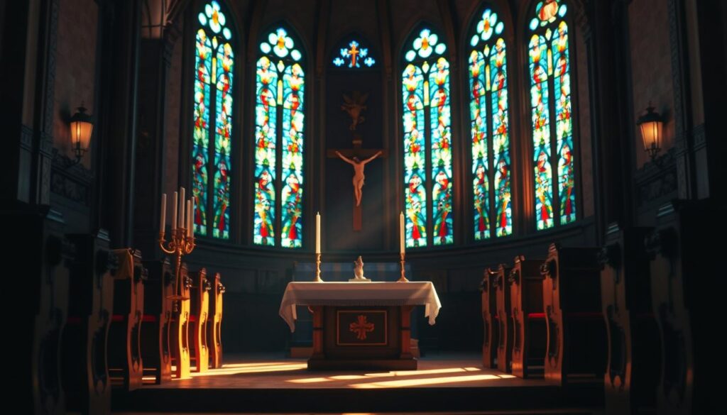 A serene Catholic faith platform, bathed in warm, natural lighting and soft shadows. In the foreground, a simple yet elegant altar with a crucifix and candlesticks, conveying a sense of reverence and devotion. The middle ground features ornate, carved wooden pews, inviting worshippers to sit and reflect. In the background, stained glass windows cast a kaleidoscope of colored light, creating an atmosphere of tranquility and spiritual contemplation. The overall scene exudes a sense of timeless, sacred tradition, inspiring a deeper connection to the Catholic faith.