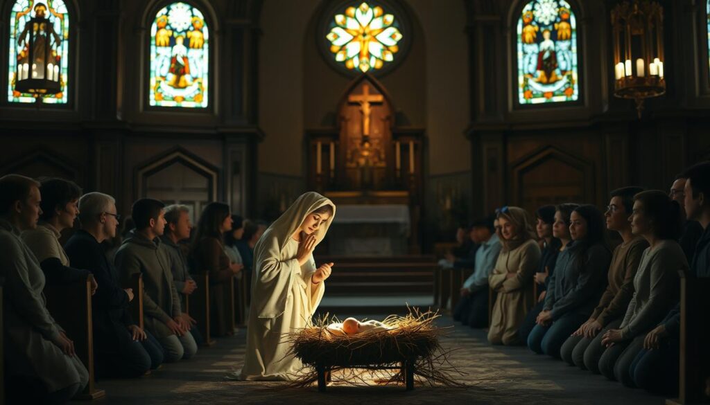 A serene Catholic nativity scene set in a dimly lit OCIA (Rite of Christian Initiation of Adults) chapel. In the foreground, the Holy Family stands reverently before a manger glowing with a soft, celestial light. The Virgin Mary gazes lovingly at the infant Jesus, while Joseph stands protectively behind them. In the middle ground, a group of OCIA candidates and sponsors kneel in contemplation, their faces illuminated by the sacred scene. The background reveals an ornate altar and stained-glass windows, casting a warm, spiritual ambiance throughout the space. The overall composition evokes a profound sense of faith, devotion, and the transformative experience of becoming Catholic.