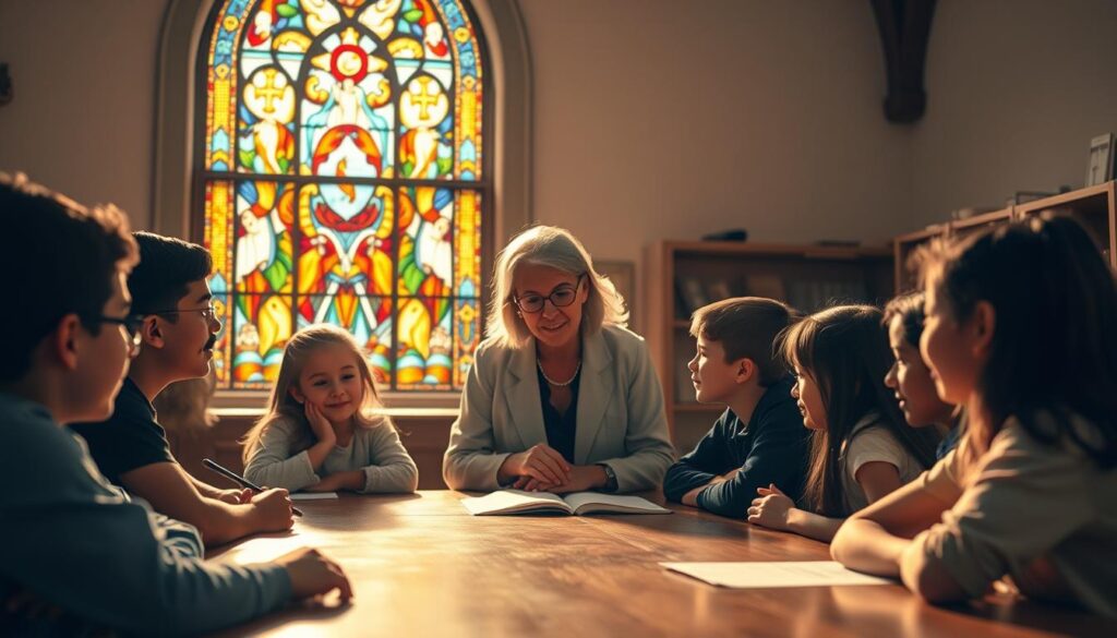 A serene Catholic school setting, bathed in warm, golden light. In the foreground, a group of students of diverse ages and backgrounds, engaged in lively discussion around a wooden table, their faces alight with curiosity and understanding. In the middle ground, a teacher, radiating wisdom and compassion, guides the students, encouraging their intellectual and spiritual growth. In the background, a stained-glass window casts a kaleidoscope of colors, symbolizing the rich tradition and transcendent beauty of the Catholic faith. The overall atmosphere conveys a sense of intellectual stimulation, community, and a deep connection to the enduring values of Catholicism.