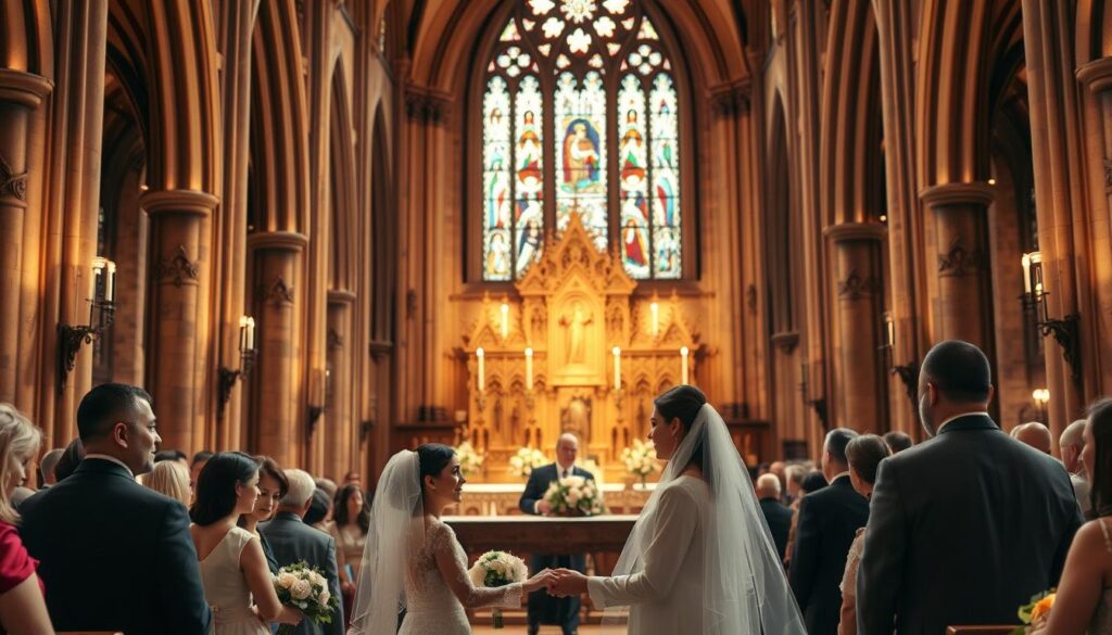 A serene Catholic wedding ceremony, bathed in warm, soft lighting. In the foreground, a bride and groom, their faces radiant with joy, exchanging vows before an ornate altar adorned with delicate floral arrangements. In the middle ground, a congregation of family and friends, their expressions imbued with reverence and celebration. The background is a grand, Gothic-inspired cathedral, its towering arches and stained glass windows casting a reverent, spiritual atmosphere over the scene. The overall mood is one of profound solemnity, sacred commitment, and the timeless beauty of the Catholic sacrament of marriage.