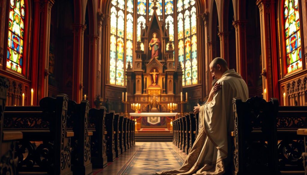 A serene, Renaissance-inspired scene of a Catholic sanctuary, bathed in soft, warm lighting. In the foreground, two figures dressed in ornate, religious robes kneel in a prayerful embrace, their expressions conveying a deep, spiritual love. The middle ground features intricate, carved wooden pews and stained-glass windows that cast a kaleidoscope of colors across the scene. In the background, a towering, ornate altar stands as a testament to the rich tradition and timeless nature of Catholic teachings on love and devotion.
