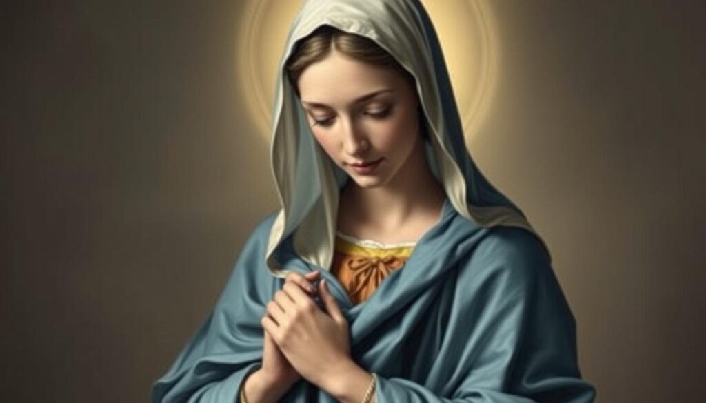 A serene and ethereal image of the Holy Mother, Mary, depicted in a classical Renaissance style. Her delicate, beatific expression radiates a gentle, maternal grace, her gaze downcast in contemplation. She is adorned in a flowing, azure mantle, the folds of the fabric cascading around her in intricate, graceful lines. The lighting is soft and diffused, creating a halo-like effect around her head, emphasizing her divine, spiritual nature. The background is a tranquil, muted palette, allowing the focus to remain on the reverent, contemplative figure of the Virgin Mary, the embodiment of purity, humility, and the divine feminine.