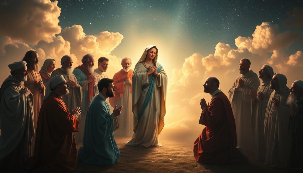 A serene and ethereal scene of saints gathered in a celestial realm. In the foreground, the Blessed Virgin Mary stands gracefully, a soft glow emanating from her figure. Around her, a chorus of saints - both familiar and lesser-known - kneel in reverence, their faces radiating a sense of peace and devotion. The middle ground is filled with a warm, golden light, imbuing the scene with a sense of the divine. In the background, a ethereal landscape of clouds and stars creates a sense of timelessness and otherworldliness. The overall mood is one of tranquility, love, and the unifying power of faith.