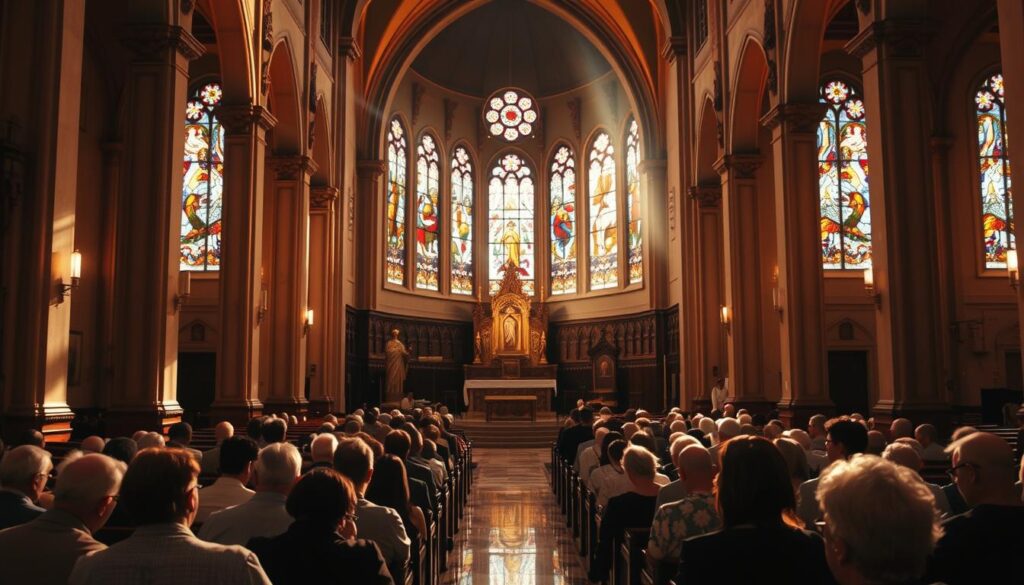 A serene and reverent interior of a Catholic church, with warm, soft lighting illuminating the ornate altar and pews. Sunlight filters through stained glass windows, casting a kaleidoscope of colors on the polished marble floors. In the foreground, a congregation is gathered, their heads bowed in quiet prayer during the daily mass. The atmosphere is one of solemn devotion, with a sense of timeless tradition and spiritual connection.