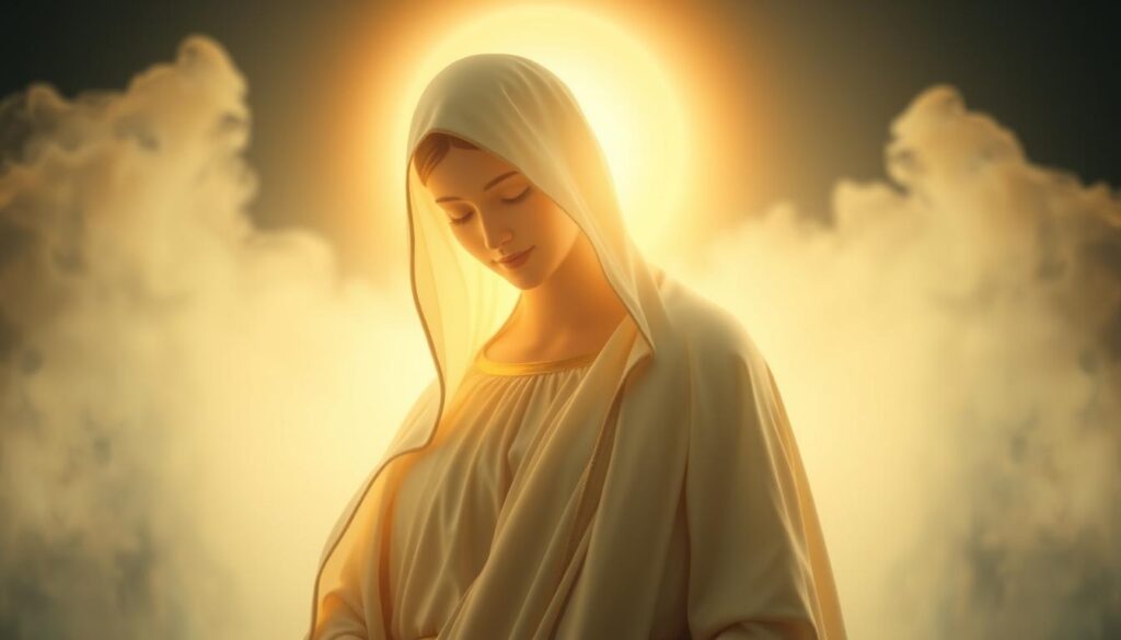 A serene and tranquil scene of the Blessed Virgin Mary, surrounded by a halo of divine light. In the foreground, her face radiates with a gentle, loving expression, her eyes cast downward in a posture of humility and grace. She is depicted in a flowing, ethereal gown, the folds of the fabric subtly illuminated by a soft, heavenly glow. In the middle ground, a celestial aura emanates from behind her, casting a warm, celestial luminance across the scene. The background is shrouded in a dreamlike, ethereal mist, creating a sense of mystery and transcendence. The overall atmosphere conveys a profound sense of peace, reverence, and the profound spiritual significance of the "full of grace" descriptor from the Hail Mary prayer.