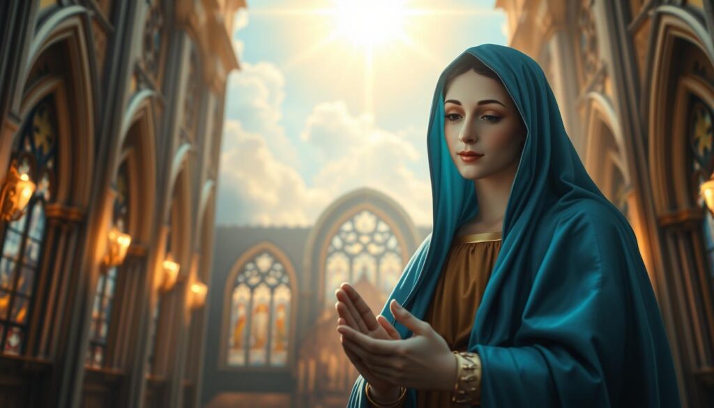 A serene, awe-inspiring depiction of the Blessed Virgin Mary, bathed in a soft, heavenly glow. In the foreground, the graceful figure of Mary, her face radiating compassion and serenity, hands gently clasped in prayer. Her robe, rendered in delicate folds of azure blue, cascades around her form. The middle ground features a subtly-lit, ornate church interior, with intricate Gothic arches and stained glass windows casting a warm, reverent ambiance. In the background, a celestial landscape unfolds, with glowing clouds and a shimmering, golden light source above, evoking a sense of divine presence and eternal grace.