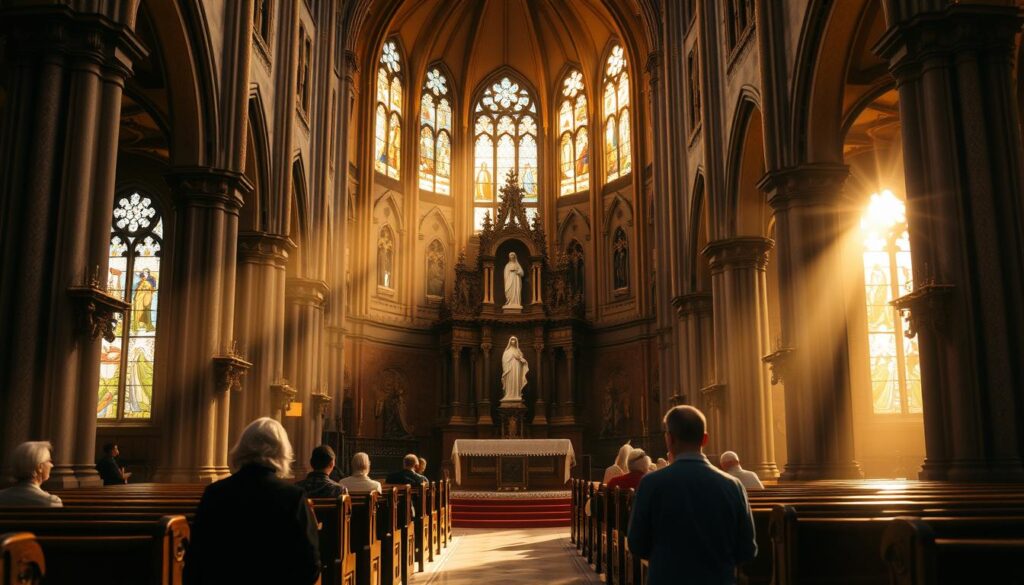 A serene cathedral interior bathed in warm, golden light streaming through stained glass windows. The focal point is a magnificent altar adorned with intricate carvings and a statue of the Virgin Mary, radiating a sense of reverence and devotion. In the foreground, a few worshippers kneel in prayer, their faces reflecting the peace and tranquility of the sacred space. The middle ground features wooden pews and ornate architectural details, while the background subtly fades into a hazy, atmospheric ambiance, evoking a timeless, spiritual atmosphere. The overall scene conveys a profound sense of faith, community, and the welcoming embrace of the church.