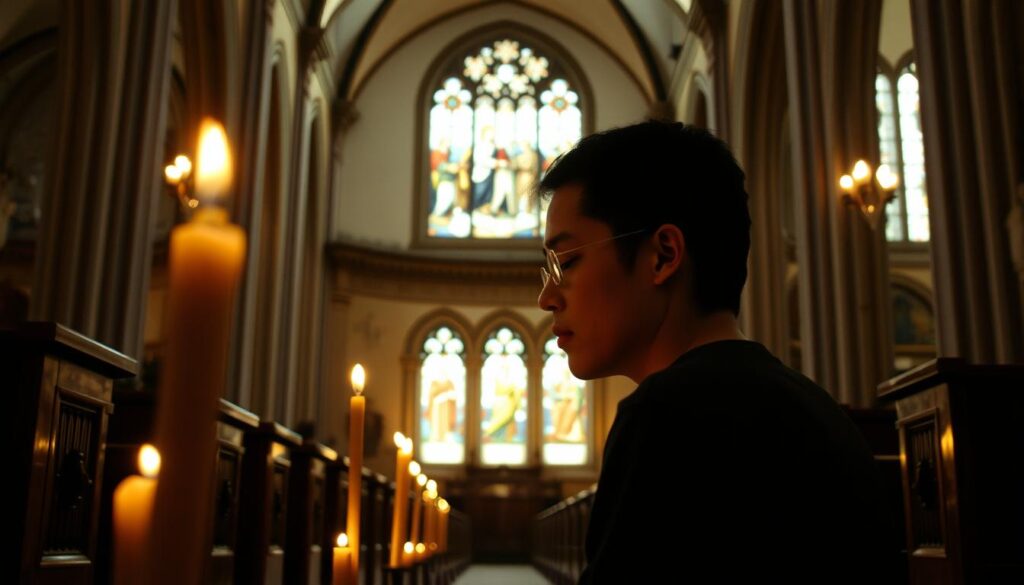 A serene cathedral interior, the soft glow of candlelight casting a warm, contemplative ambiance. In the foreground, a worshipper kneeling in quiet reflection, their face illuminated by the flickering flames. Stained glass windows in the middle ground depict scenes of faith, their muted colors imbuing the space with a sense of timeless spirituality. The background features ornate architectural details, vaulted ceilings, and wooden pews, conveying the grandeur and solemnity of the Catholic tradition. Subtle natural light filters through, creating a sense of transcendence and the divine.