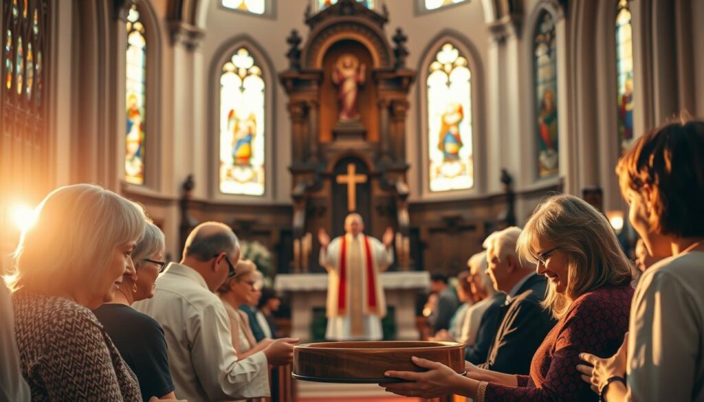 A serene church interior bathed in warm, soft light from stained-glass windows. In the foreground, parishioners reverently place their offerings in a wooden collection plate, their faces conveying a sense of humble gratitude. In the middle ground, a priest stands at the altar, hands outstretched in a gesture of blessing over the gifts. Beyond, the sanctuary is adorned with intricate carvings and religious iconography, creating an atmosphere of sacred devotion. The scene evokes a profound spirit of generosity, stewardship, and a welcoming community united in their faith.
