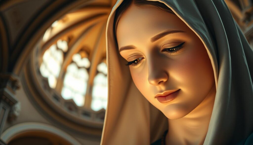 A serene, close-up portrait of the Blessed Virgin Mary, her gaze tranquil and loving. Diffused, warm lighting illuminates her delicate features, casting a soft, reverential glow. In the background, a vaulted cathedral ceiling with ornate, Gothic-inspired architecture creates a sense of sacred space. The composition emphasizes Mary's maternal role, her gentle expression conveying the profound theological significance of her title, "Mother of God." Rendered in a realistic, yet subtly idealized style, the image evokes a profound sense of devotion and reverence.