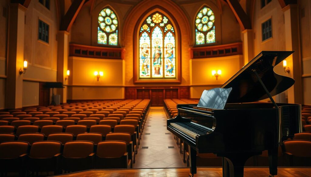 A serene concert hall illuminated by soft, warm lighting. In the foreground, a grand piano stands elegantly, its polished ebony surface reflecting the glow. Beyond it, rows of padded pews fill the middle ground, creating an inviting atmosphere for an intimate musical performance. The backdrop features ornate stained-glass windows, their intricate designs casting a kaleidoscope of colors across the space. The overall scene exudes a sense of reverence and spiritual contemplation, perfectly suited for a sacred music program within the hallowed walls of the Sacred Heart of Jesus Catholic Church.