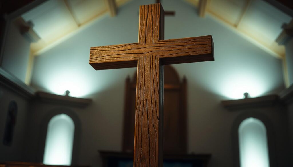 A serene, contemplative daily prayer reflection cross, bathed in soft, warm lighting. In the foreground, the intricate wooden cross stands tall, its surface weathered and worn, exuding a sense of time-honored tradition. The middle ground features a tranquil, dimly lit background, hinting at a place of quiet contemplation, perhaps a chapel or meditation space. The lighting casts gentle shadows, creating a reverent atmosphere, inviting the viewer to pause and reflect. The overall mood is one of solemnity, introspection, and a deep connection to the spiritual journey.
