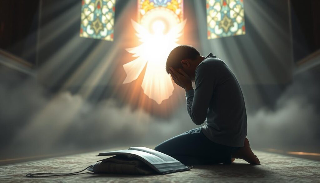A serene, contemplative scene of a glowing, translucent figure representing the Holy Spirit hovering over an open Bible, casting a warm, ethereal light. In the foreground, a person kneels in prayer, their head bowed in reflection and sorrow. Soft, muted colors create a meditative atmosphere, with gentle rays of sunlight filtering through stained glass windows in the background. The composition evokes a sense of divine presence and the importance of self-examination before seeking reconciliation.