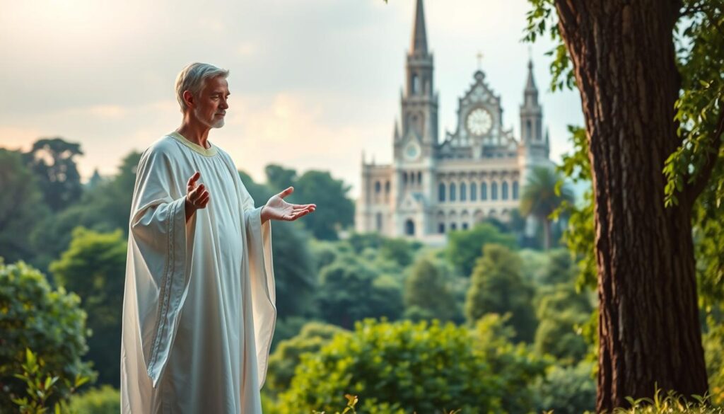 A serene, contemplative scene of a saintly figure offering gentle guidance on relationships. In the foreground, a tranquil figure, robed in flowing white garments, stands with an expression of compassion, their hands outstretched in a welcoming gesture. The middle ground features a lush, verdant landscape, with soft, diffused lighting casting a warm, divine glow. In the background, a magnificent cathedral, its ornate architecture and stained glass windows evoking a sense of sacred reverence. The overall atmosphere is one of solace, wisdom, and the calming presence of divine love, inspiring a deeper understanding of godly love in relationships and daily living.