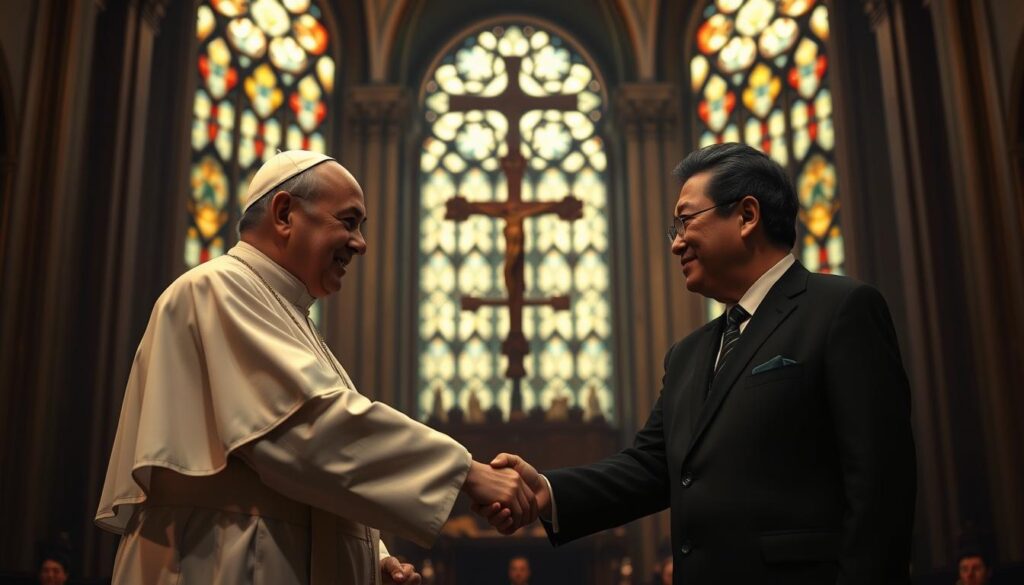 A serene, dimly lit cathedral interior, ornate stained glass windows casting a warm glow. In the foreground, two figures in formal attire - a Vatican cardinal and a Chinese diplomat - shake hands in a symbolic gesture of diplomatic relations. The background features a large, ornate cross and the hushed reverence of the sanctuary. Soft, dramatic lighting accentuates the solemn occasion, conveying a sense of historical significance and the delicate balance of faith and geopolitics.