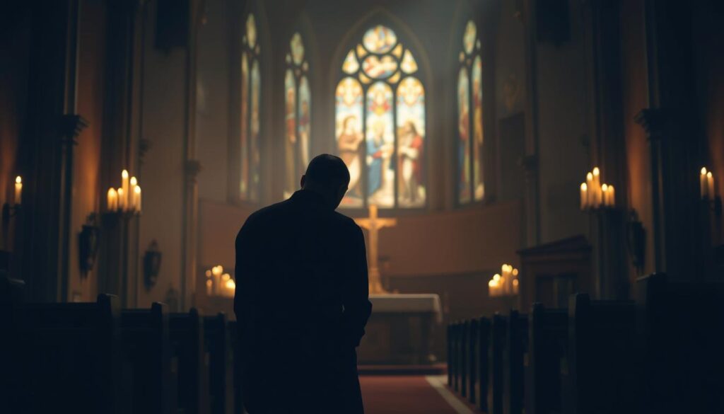 A serene, dimly lit chapel interior. In the foreground, a lone figure kneels in reverent contemplation, their face obscured by the shadows cast from the flickering candlelight. Warm, soft illumination emanates from the altar in the middle ground, bathing the scene in a contemplative, ethereal glow. The distant stained-glass windows in the background filter in muted, jewel-toned light, creating an atmosphere of sacred tranquility. The camera angle is slightly elevated, encouraging a sense of introspection and the transcendent experience of deep prayer.