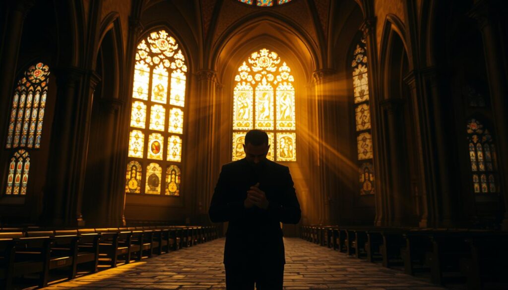 A serene, dimly lit church interior bathed in warm, golden light. In the foreground, a figure stands in contemplation, their head bowed, hands clasped in a gesture of reverence. The middle ground features ornate stained glass windows, casting kaleidoscopic patterns of color onto the worn stone floor. In the background, a sense of grandeur and timelessness, with towering arched ceilings and intricate architectural details, evoking a profound sense of human dignity and moral responsibility. The atmosphere is one of introspection, solemnity, and the weight of spiritual deliberation.