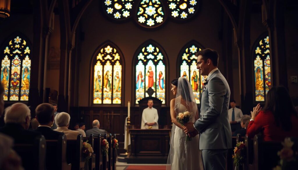 A serene, dimly lit church interior with intricate stained glass windows casting warm, colored light. In the foreground, a bride and groom stand facing each other, their hands clasped, expressions solemn yet joyful as they exchange vows. Behind them, a wooden altar adorned with candles and flowers, symbolizing the sacred union. In the background, pews filled with reverential onlookers, capturing the solemnity and timelessness of the biblical foundation of marriage.