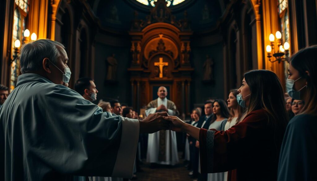 A serene, dimly lit church interior, with soft, warm lighting illuminating a group of adults gathered around a priest, their faces reflecting a sense of reverence and spiritual awakening. In the foreground, the hands of the priest and the initiates are clasped, symbolizing the sacred rite of Christian initiation. The middle ground features the seated congregation, their expressions attentive and contemplative. The background showcases the ornate architectural details of the church, creating a sense of timelessness and sacred space. The overall mood is one of reverence, contemplation, and the transformative power of faith.