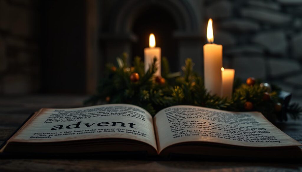 A serene, dimly lit composition showcasing the Latin roots of the word "Advent". In the foreground, an open book with antique, weathered pages displays the Latin term "adventus", its letters elegantly scribed. In the middle ground, a wreath of evergreen branches and candles, symbolic of the Advent season, casts a warm, flickering glow. The background reveals a backdrop of ancient stone architecture, hinting at the rich history and tradition behind the Christian celebration. The overall scene evokes a sense of reverence, contemplation, and the timeless essence of this sacred time of year.