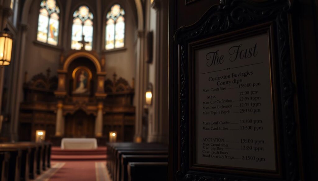 A serene, dimly lit interior of a Catholic church, the sanctuary bathed in soft, warm lighting. In the foreground, a detailed schedule of Mass, Confession, and Adoration times, displayed prominently on a beautifully carved wooden board. The schedule is presented in a clean, easy-to-read layout, with elegant calligraphic lettering. In the middle ground, glimpses of the church's ornate architecture, including stained glass windows, stone columns, and intricate religious iconography. The background subtly fades into shadows, creating a sense of reverence and contemplation. The overall atmosphere is one of sacred solemnity, inviting the viewer to discover the spiritual heart of this holy place.