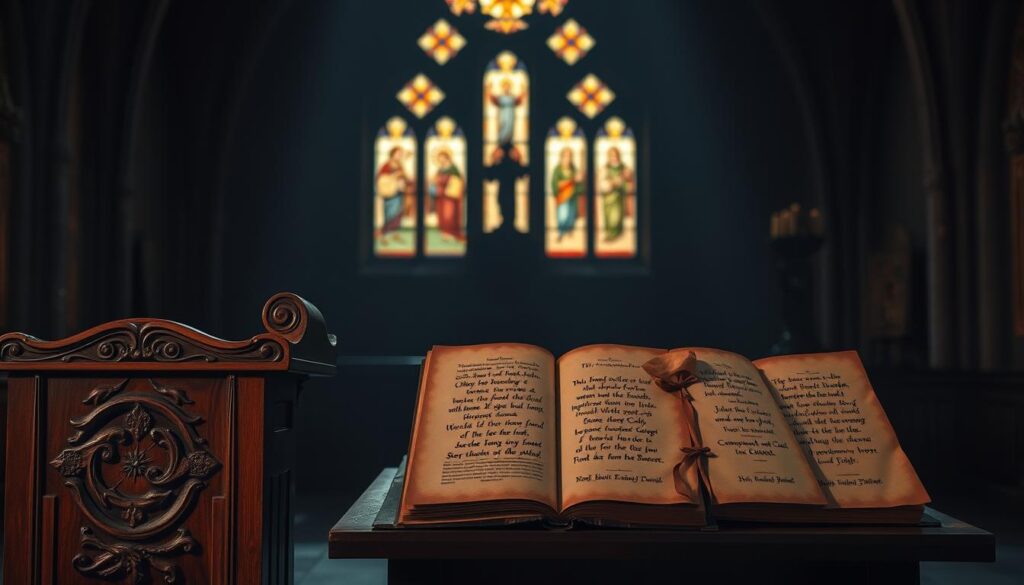 A serene, dimly lit interior of a medieval church sanctuary. The foreground features a hand-carved wooden lectern adorned with intricate religious iconography. In the middle ground, stained glass windows cast a warm, ethereal glow upon a collection of leather-bound books and parchments, each inscribed with elegant calligraphic quotes from renowned Catholic saints. The background recedes into shadowy, contemplative space, creating a sense of timeless, spiritual tranquility. The overall atmosphere evokes a profound reverence for the wisdom and insights of these revered religious figures.