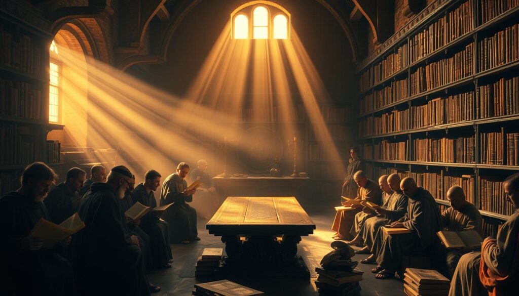 A serene, dimly lit interior of an ancient library. In the foreground, a group of scholars in robes and sandals intently poring over scrolls and manuscripts, deep in discussion. The middle ground reveals shelves of weathered, leather-bound books, casting long shadows. Beams of warm, golden light filter through high windows, illuminating the hazy atmosphere. In the background, an ornate, carved wooden table serves as the centerpiece, surrounded by more scholars engaged in quiet contemplation. The scene evokes a sense of reverence and the weight of history, as these early Christians debate and shape the canon of the New Testament.
