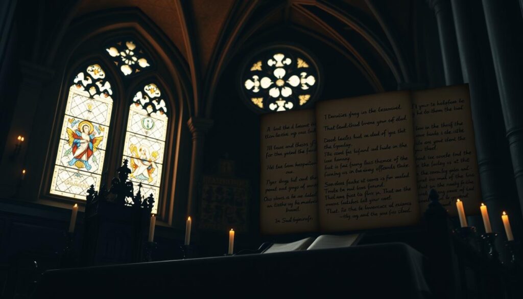 A serene, dimly lit interior with an ornate religious altar in the foreground, adorned with intricate carvings and glowing candles. In the middle ground, a stained glass window casts a warm, ethereal light, illuminating a collection of inspirational Catholic quotes handwritten on antique parchment pages. The background features a vaulted cathedral ceiling with ornate stonework, creating a sense of reverence and reflection. The overall mood is one of tranquility, contemplation, and spiritual upliftment.