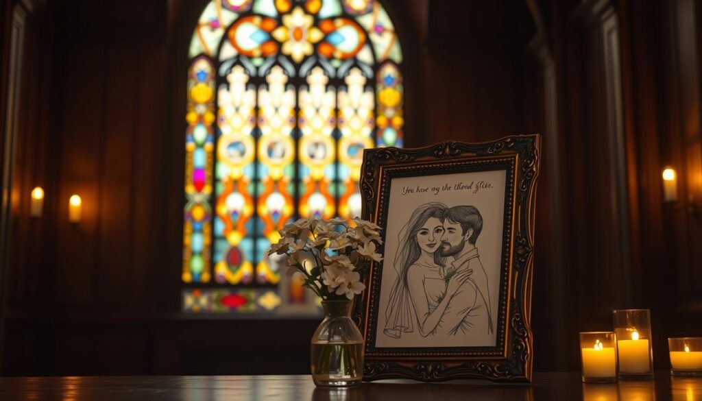 A serene, dimly lit interior with warm, golden lighting casting a soft glow. In the foreground, an ornate, antique wooden frame showcases a beautiful, hand-drawn illustration of a loving married couple, their expressions radiating devotion and tenderness. The middle ground features a vase of delicate white flowers, symbolizing the purity and sanctity of their union. In the background, a large, stained-glass window filters in a kaleidoscope of colors, creating an ethereal, spiritual ambiance. The overall composition evokes a sense of timeless, scriptural inspiration and the profound beauty of a marriage rooted in faith and unwavering love.