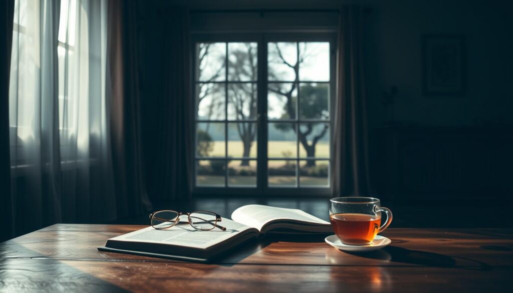 A serene, dimly lit room with natural lighting filtering through sheer curtains. In the foreground, a wooden table holds an open book, a pair of reading glasses, and a cup of tea, conveying a thoughtful, contemplative atmosphere. The middle ground features a large window overlooking a peaceful garden, where the silhouettes of trees sway gently. On the wall, a subtle artwork or tapestry adds a touch of elegance. The overall mood is one of quiet introspection, inviting the viewer to ponder the legal and ethical considerations surrounding contraceptive use.
