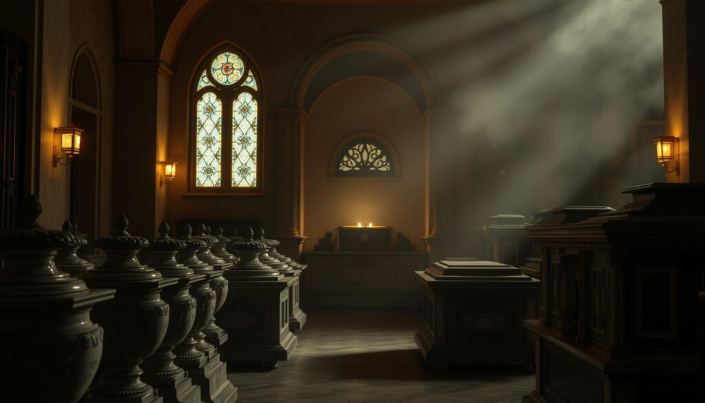 A serene, dimly lit room with ornate, sacred resting places for cremated remains. Soft, warm lighting casts a reverent glow, illuminating the intricate details of the urns and memorial vaults. In the foreground, a row of carved, polished marble receptacles stand in solemn dignity. Behind them, a curved alcove with gilded accents and stained glass windows lends an air of reverence. The background fades into a hazy, contemplative atmosphere, evoking a sense of tranquility and respect for the departed. The composition is balanced, with a sense of architectural harmony guiding the viewer's gaze through the space.