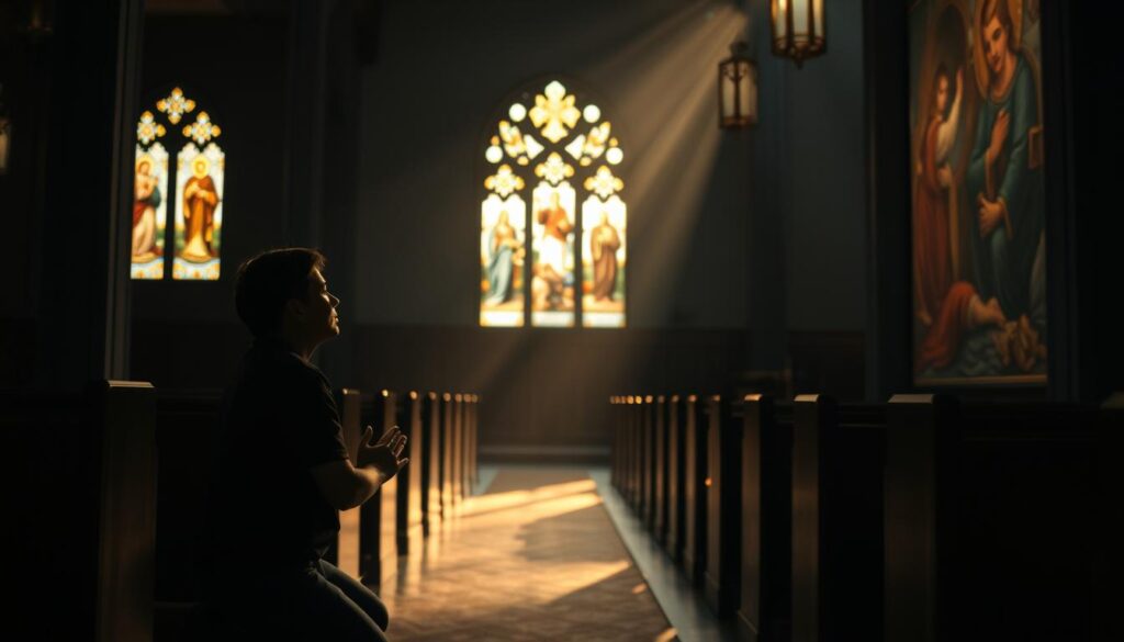A serene, dimly lit sanctuary filled with a sense of reverence and contemplation. In the foreground, a person kneels in prayer, their hands clasped and expression tranquil, a testament to their faith journey. The middle ground features stained glass windows casting warm, ethereal light, creating an atmosphere of sacred wonder. In the background, a mural or artwork depicting religious symbols and iconography, symbolizing the depth and richness of spiritual transformation. Soft, diffused lighting and a sense of timelessness evoke the profound personal testimonials of conversion and finding fulfillment in the Catholic faith.