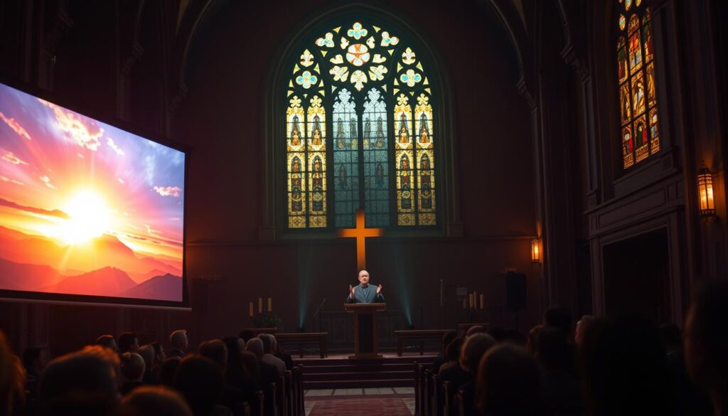 A serene, dimly lit sanctuary filled with a warm, golden glow. In the foreground, a digital projection screen displays a vibrant, ethereal landscape, representing the boundless reach of modern Catholic evangelization. In the middle ground, a charismatic speaker stands at a podium, gesturing emphatically as he shares his insights, his presence commanding the attention of the audience. The background features ornate, stained-glass windows, casting a reverent, contemplative atmosphere over the scene. The lighting is soft and atmospheric, creating a sense of profound spiritual resonance, as if the very walls of the church are imbued with the power of the message being conveyed.