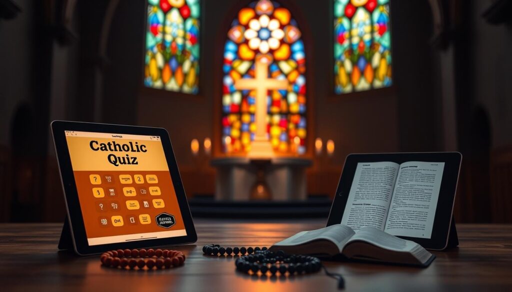A serene, dimly lit sanctuary filled with interactive digital tools for faith exploration. In the foreground, a tablet device displays a visually engaging Catholic quiz, its interface glowing with warm hues. Surrounding it, an array of tactile prayer beads, a smartly designed prayer journal, and a sleek, modern Bible e-reader invite hands-on engagement. In the middle ground, a soft-lit altar with a tactile, illuminated cross stands as the centerpiece, casting a reverent ambiance. The background features a stained glass window, its kaleidoscopic colors filtering ethereal light throughout the space, creating an atmosphere of contemplative wonder.