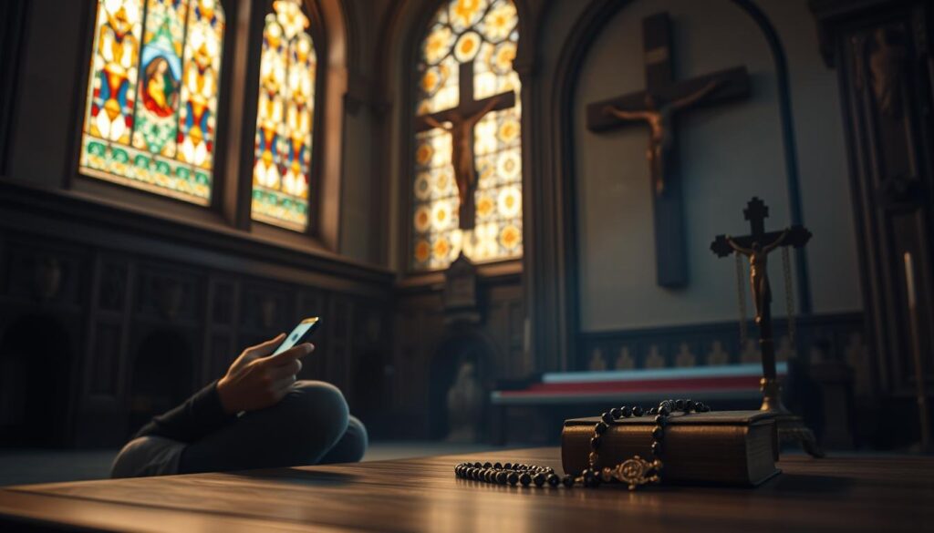 A serene, dimly lit sanctuary with a large stained-glass window casting a warm, ethereal glow. In the foreground, a person sitting cross-legged, deeply engaged with a smartphone, fingers scrolling through social media. The middle ground features a collection of religious symbols and iconography - a crucifix, rosary beads, and a Bible - arranged neatly on a wooden table. The background showcases a large, ornate cross hanging on the wall, surrounded by intricate carvings and architectural details, suggesting a traditional Catholic church setting. Soft, ambient lighting creates a contemplative, reverent atmosphere, blending the digital and the sacred.