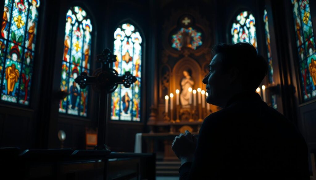 A serene, dimly lit sanctuary with stained glass windows casting a warm, reverent glow. In the foreground, a person seated in prayer, their hands clasped, expression one of contemplation and devotion. The middle ground features a stylized, ornate cross prominently displayed, its intricate design a symbol of faith. The background showcases a large, ornate altar with candles flickering, creating an atmosphere of solemnity and reverence. The scene conveys a sense of tranquility, introspection, and the profound connection between the individual and their spiritual beliefs.