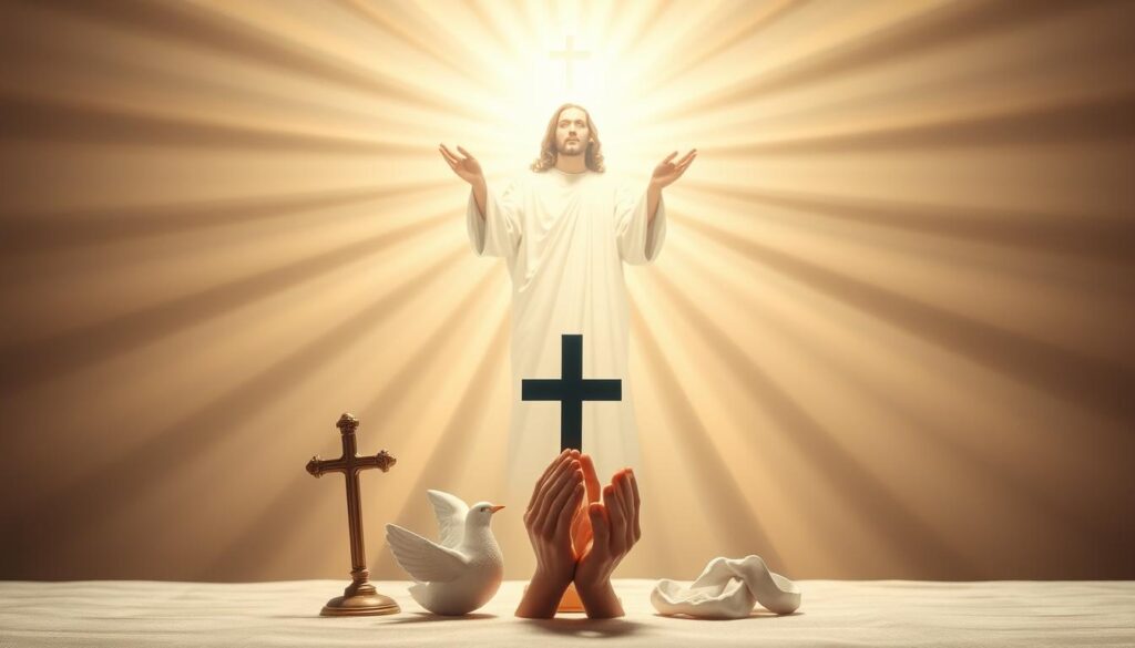 A serene, ethereal depiction of the "Spiritual Gifts Framework" in the Catholic Church's theology. The composition features a central figure representing the Holy Spirit, surrounded by radiating beams of light and celestial symbols. In the foreground, a cluster of symbolic elements - a cross, a dove, and hands in a gesture of prayer - evoke the manifestations of the Spirit's gifts. The background is rendered in soft, muted tones, creating a contemplative, reverent atmosphere. Captured through a wide-angle lens with balanced, natural lighting, this image aims to visually capture the scriptural and doctrinal insights of Catholicism's understanding of speaking in tongues.